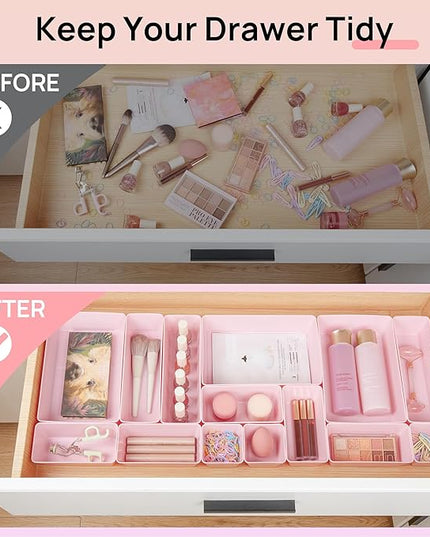Vtopmart 25 PCS Plastic Drawer Organizers Set, 4-Size Versatile Bathroom and Vanity Drawer Organizer Trays, Storage Bins for Makeup, Bedroom, Kitchen Gadgets Utensils and Office