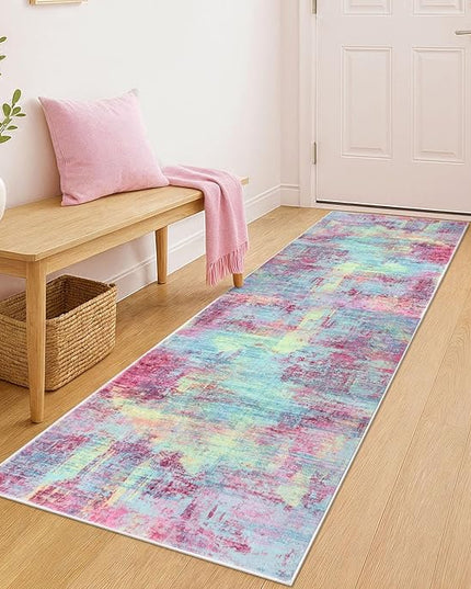 IOHOUZE Abstract Runner Rug 2x6 Ft Washable Runners for Hallways, Non Slip Kitchen Runner Printed Faux Wool Entryway Runner Indoor, Modern Abstract Floor Carpet for Hall Kitchen Bedroom, Pink Teal