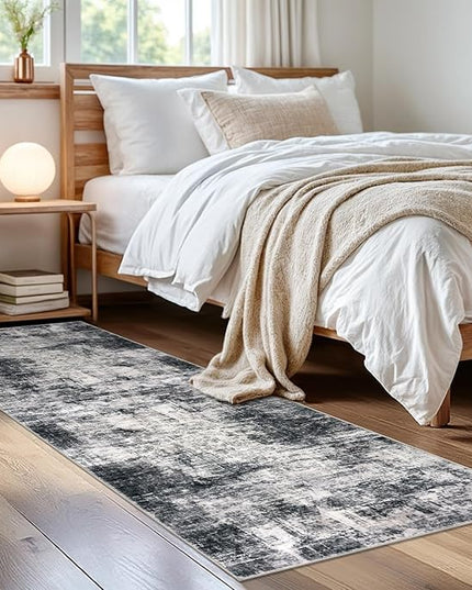 IOHOUZE Abstract Runner Rug 2x6 Ft Washable Runners for Hallways, Non Slip Kitchen Runner Printed Faux Wool Entryway Runner Indoor, Modern Abstract Floor Carpet for Hall Kitchen Bedroom, Black Gey
