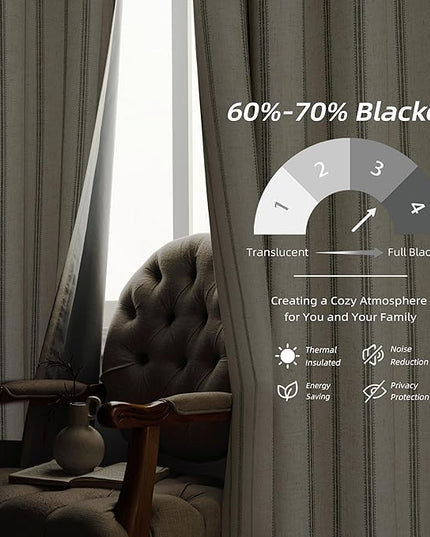 DriftAway Farmhouse Linen Blend Blackout Curtains 84 Inches Long for Bedroom Vertical Striped Printed Linen Curtains Thermal Insulated Lined Treatments for Living Room 2 Panels W52 x L84 Loden Green