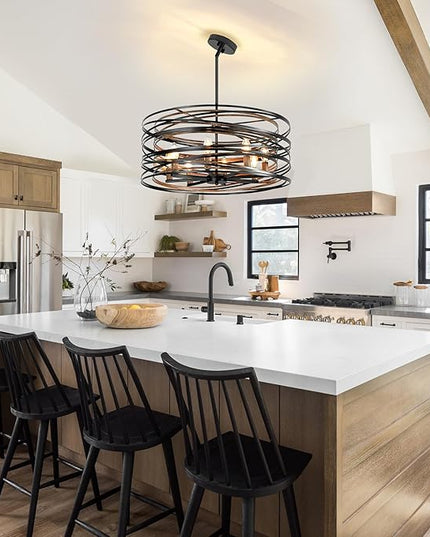 Black Farmhouse Chandelier,23.6" Drum Chandelier Farmhouse Chandeliers for Dining Room Wood Grain Metal Large Dining Room Light Fixture Pendant Light Fixtures for Kitchen Living Room Bedroom Entryway
