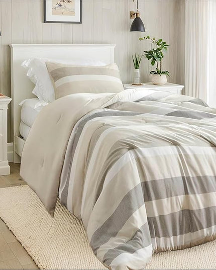 Twin Comforter Set, 2 Pieces Striped Bed Set, Soft Brushed Microfiber Reversible Bedding Set for All Season, Lightweight & Breathable Bedding Set with Comforter & Sham, Neutral