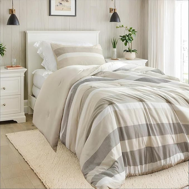 Twin Comforter Set, 2 Pieces Striped Bed Set, Soft Brushed Microfiber Reversible Bedding Set for All Season, Lightweight & Breathable Bedding Set with Comforter & Sham, Neutral