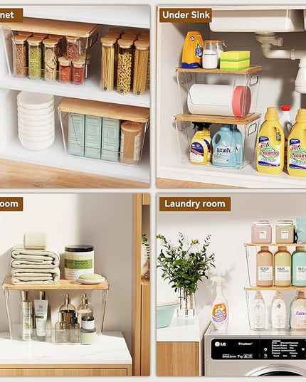 Criusia 2 Set Pantry Organizers and Storage with Bamboo Lids, Stackable Clear Bins for Onion, Potato, Fruit, Vegetables, Trash Bag Dispenser, Kitchen and Under Sink Organizer