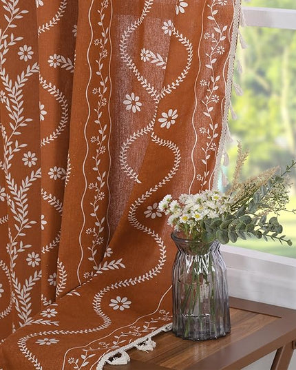Boho Terracotta Curtains for Living Room 63 Inches Semi Sheer Linen Floral Curtains Vintage Farmhouse Window Drapes 1 Panel Sets for Dining Room Kitchen Rust Colored