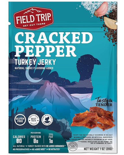 Field Trip Turkey Jerky, Gluten Free, Low Carb, Healthy High Protein Snacks, No Nitrates, All Natural Ingredients, Cracked Pepper, 1oz Bags, 12 Pack