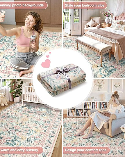 Wonnitar Pink Rugs for Bedroom Girls, 5x7 Washable Rug for Nursery Decor, Boho Soft Floral Carpet Non Slip, Indoor Ultra-Thin Floor Carpet for Baby Kids Room Living Room Dorm