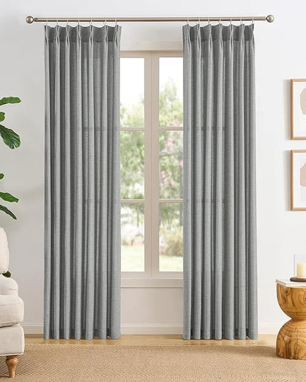 2 Panels Set Extra Long 130 inch Curtains - Pinch Pleated with hooks Textured Linen Blend Semi Sheer Light Filtering Drapes for Large Windows Living Room Dining Office, Grey, 42" Wide by 130" Long