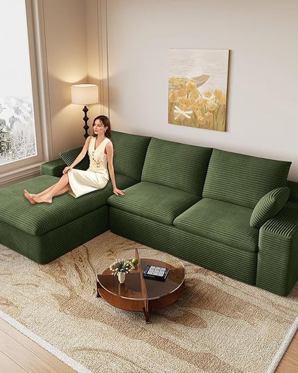 107" Cloud Couch Modular Sectional Sofa for Living Room, L-Shape Boneless Couch with Deep Seat, Modern Corduroy 3-Seater, No Assembly Required (Green,Left-Facing Chaise)