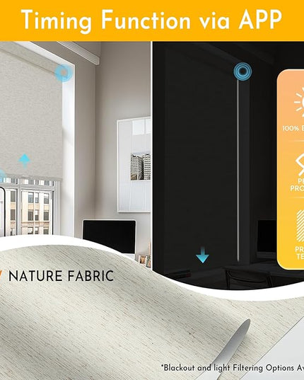 Persilux Smart Motorized Blinds with Remote, No Drill Automatic Roller Shades for Indoor Windows, Blackout Linen Fabric, Electric Blinds for Windows, Nature Cream C153BO-2, Custom Size