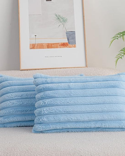 DEELAND Pack of 2,Double-Sided Faux Fur Plush Decorative Throw Pillow Covers Fuzzy Striped Soft Pillowcase Cushion Covers for Sofa Couch Bedroom Lightblue 12x20 inch