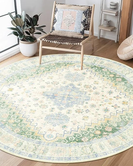 MUJOO Round Rugs 5ft,Circle Area Rug Washable,Circular Rugs for Living Room Dining Room,Boho Non Slip Throw Carpet Light Green and Blue