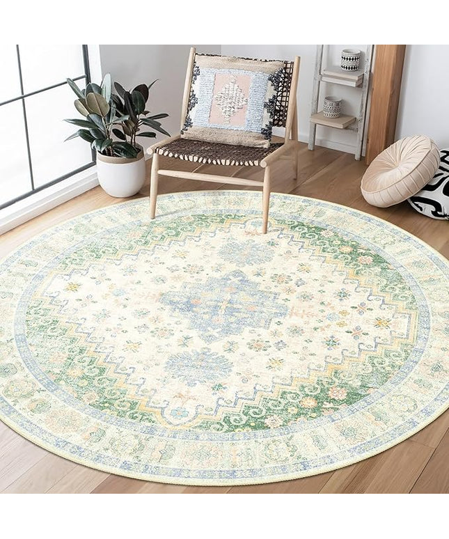 MUJOO Round Rugs 5ft,Circle Area Rug Washable,Circular Rugs for Living Room Dining Room,Boho Non Slip Throw Carpet Light Green and Blue