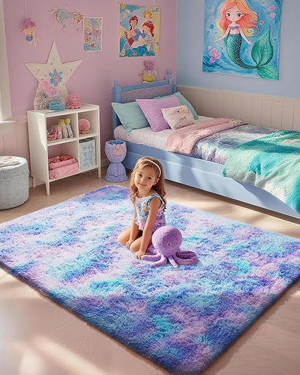 Ophanie Rainbow Purple Rug for Bedroom Girls, Kids Fluffy Kawaii Fuzzy Furry Shag Area Rug, Cute Plush Soft Shaggy Bedside Indoor Floor 4x6 Carpet for Teen Nursery Dorm Home Room Decor Aesthetic
