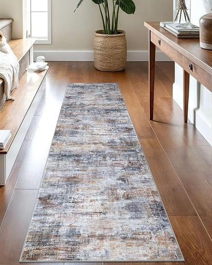 IOHOUZE Abstract Runner Rug 2x8 Ft Washable Runners for Hallways, Non Slip Kitchen Runner Soft Printed Faux Wool Entryway Runner Indoor, Modern Abstract Floor Carpet for Hall Bedroom, Orange Grey