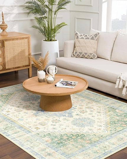 MUJOO Washable Rug 4x6.5,Boho Area Rugs for Bedroom Living Room Office Playroom,Small Non Slip Indoor Throw Carpet Low Pile Light Green and Blue