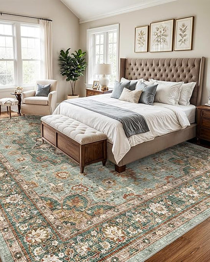 Washable Oriental Area Rug - 10x14 Rugs for Living Room Soft Carpet for Bedroom Waterproof Floral Distressed Indoor Stain Resistant Non-Shedding Floor Carpets (Green, 10X14)