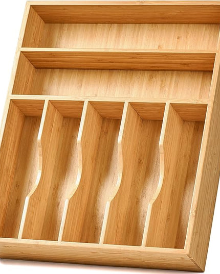 Umilife Bamboo Kitchen Drawer Organizer, 13 Inch Silverware Utensil Tray Holder, Extra Deep Grooved Drawer Divider, 7 Slots Total Bamboo Wood Caddy for Flatware Cutlery Knives, Forks, Spoons