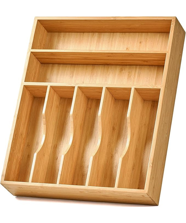 Umilife Bamboo Kitchen Drawer Organizer, 13 Inch Silverware Utensil Tray Holder, Extra Deep Grooved Drawer Divider, 7 Slots Total Bamboo Wood Caddy for Flatware Cutlery Knives, Forks, Spoons