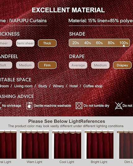 IVAPUPU Linen Pinch Pleated Blackout Curtains for Bedroom - Full Black Out Red Curtains 95 Inch Long 2 Panel for Living Room Darkening Thermal Window Curtain Drapes for Christmas Decor
