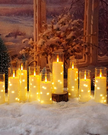 Flickering Flameless LED Candles,Battery Operated Candles 9 Pcs with Embedded Star String,Acrylic LED Pillar Candles with Remote,Suitable for Home Decoration to Create an Atmosphere (Ivory)