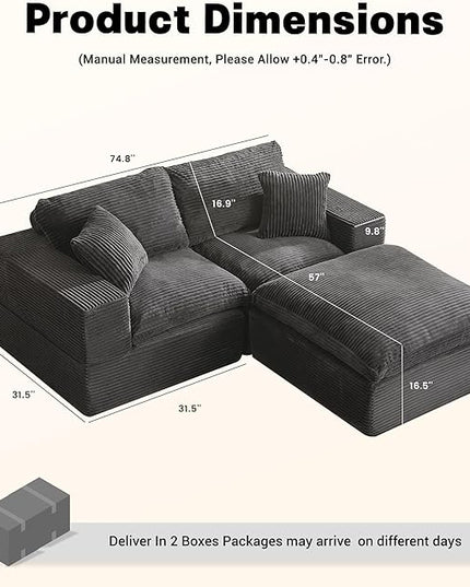 74.8” Cloud Couch, Modular Loveseat Sofa, Convertible Sofas Bed, Deep Seat Sofa, Cozy Sofa for Living Room, Office and Bedroom, L Shaped Cozy Sofa Furniture Set, Corduroy, Gray