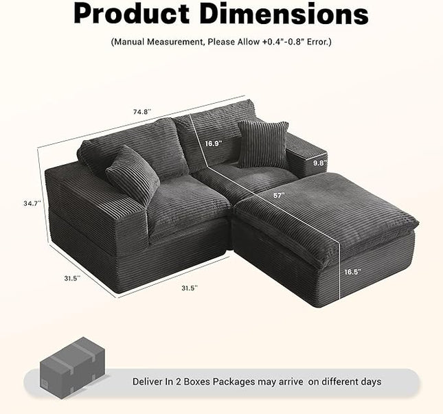 74.8” Cloud Couch, Modular Loveseat Sofa, Convertible Sofas Bed, Deep Seat Sofa, Cozy Sofa for Living Room, Office and Bedroom, L Shaped Cozy Sofa Furniture Set, Corduroy, Gray