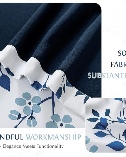 Beauoop Floral 100% Blackout Curtains 63 Inch Length 2 Panels for Bedroom Living Room Navy Blue and White Flower Patterned Room Darkening Thermal Soundproof Grommet Window Treatments Drapes, 52X63