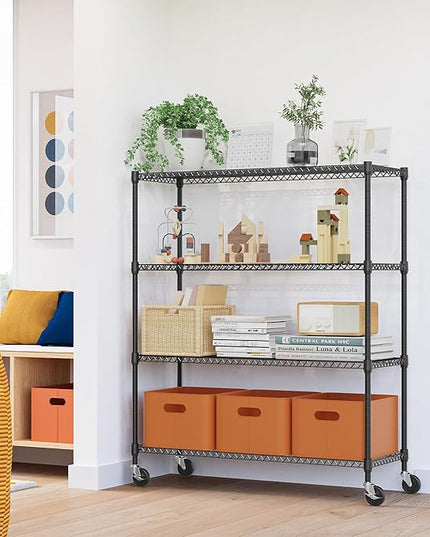 4 Tiers Storage Shelves Load 1400LBS, Metal Shelving Wire Metal Shelving Unit Shelves for Storage Adjustable Garage Shelving for Pantry Kitchen Garage Black 17.7" D x 47.3" W x 62.7" H