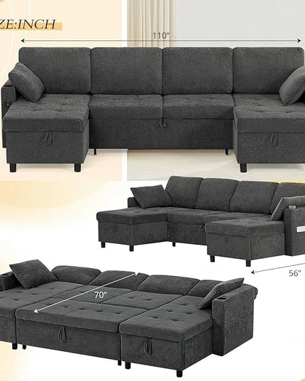 110" Fabric Pull-Out Couch Bed w/Adjustable Backrests, Sectional Sleeper Sofa w/USB Ports & 2 Cup Holders, Upholstered U-Shaped Couch w/Storage Chaise for Living Room, House, Grey