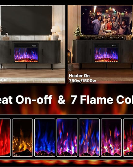 65" Fluted Fireplace TV Stand for TVs Up to 75 inches, Modern Entertainment Center with 23" Electric Fireplace, Wooden Curved TV Console with Sliding Doors for Living Room, Black