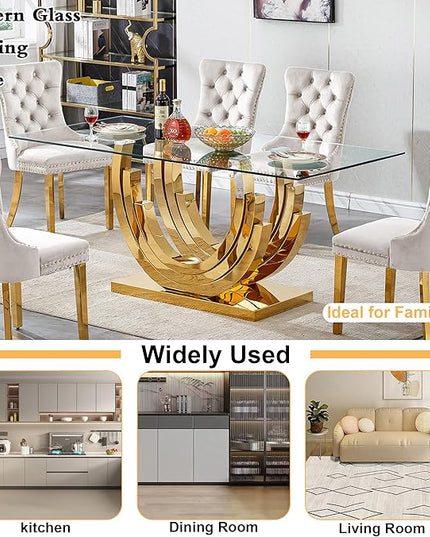 Goujxcy 70" Modern Glass Dining Table for 6-8, Luxury Gold Glass Dining Room Table with Mirrored Ring-Shape Stainless Steel Base, Rectangle Kitchen Dinner Tables for Dining Room Kitchen