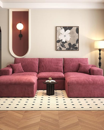 107'' U-Shaped Modern Modular Sectional Cloud Couch Whit Ottoman, 4-Seat Chenille Deep-Seat Sofa with Pillow for Living Room, Bedroom, Apartment, Wine Red