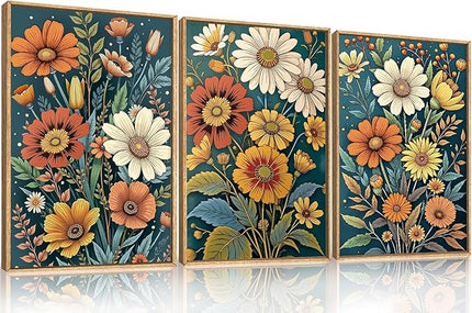 HOURIA Boho Vintage Floral Framed Canvas Wall Art Set,Nordic Retro Colorful Wildflower & Green Leaves Wall Decor,Abstract Vibrant Bouquet Botanical Artwork for Living Room, Bedroom,Farmhouse-16"x24"x3