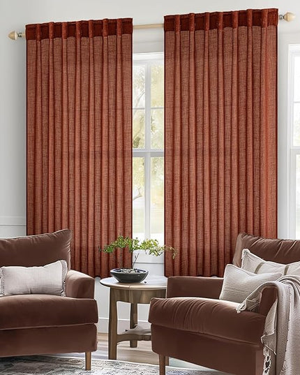 MIULEE Burnt Orange Short Linen Curtains 45 Inch Length 2 Panels for Kitchen Bedroom Bathroom, Soft Thick Linen Textured Basement Window Drapes Semi Sheer Light Filtering Back Tab Fall Decorations