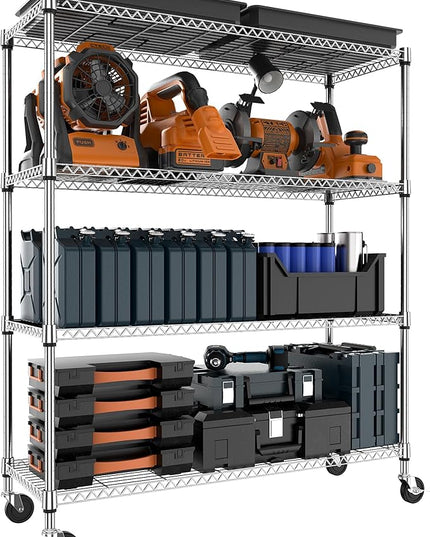 4 Tiers Storage Shelves Load 1400LBS, Metal Shelving Wire Metal Shelving Unit Shelves for Storage Adjustable Garage Shelving for Pantry Kitchen Garage Chrome 17.7" D x 47.3" W x 62.7" H