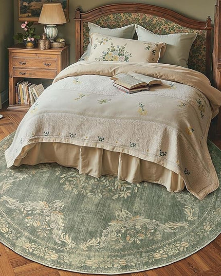 jinchan Round Rug 7ft Area Rugs, Vintage Floral Distressed Design Machine Washable Soft Non-Slip Low-Pile Ultra-Thin Christmas Circle Rug for Living Room Dining Room Home Office (7' Round, Dark Green)