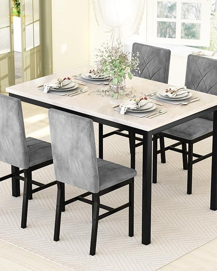 Hooseng Dining Table Set for 4 Faux Marble Kitchen Table and Chairs Set of 4,5 Piece with Velvet Upholstered Dinner Chairs for Compact Dining Room,Small Space,Grey