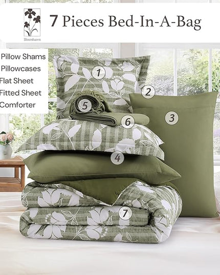 Full Comforter Set -7 Pieces Botanical Olive Green Comforter Set for All Seasons, Bed in a Bag Full with Flowers Floral Comforter, Sheets, Pillowcases & Shams
