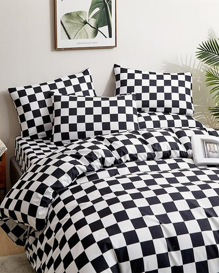 CLOTHKNOW Black White Plaid Twin/Twin XL Comforter Set Grid Bedding Comforter Sets Soft Checker Black and White Comforter with 2 x Pillow Cases