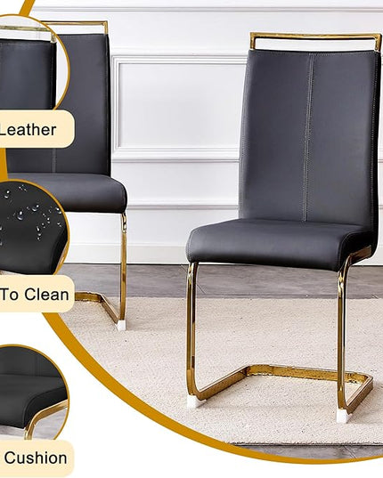 63” Faux Marble Dining Table Set for 6,Black Dining Room Table Set for 6, Rectangle Kitchen Table Set with PU Leather Chairs,Gold Dinner Table Set with Tempered Glass Top and Gold Base