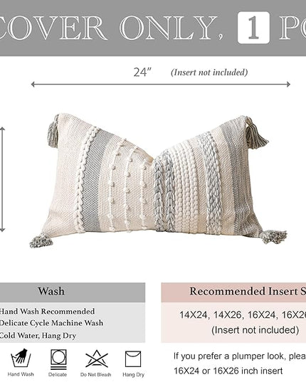BlissBlush Gray Decorative Lumbar Pillow Cover 14x24, Grey Boho Long Body Pillow for Bed, Farmhouse Lumbar Throw Pillow for Couch, Modern Accent Textured Throw Pillowcase