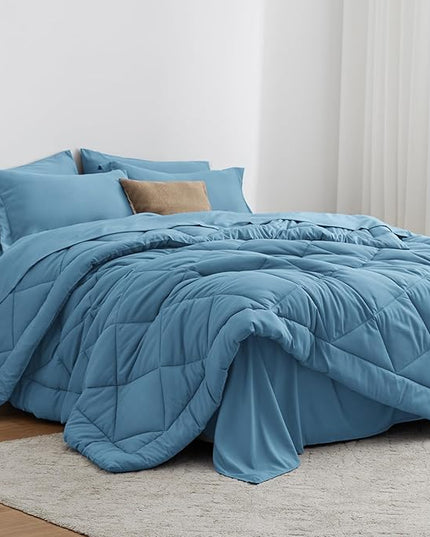 Love's cabin Full Comforter Set Misty Blue, 7 Pieces Full Bed in a Bag, All Season Bedding Sets with 1 Comforter, 1 Flat Sheet, 1 Fitted Sheet, 2 Pillowcase and 2 Pillow Sham