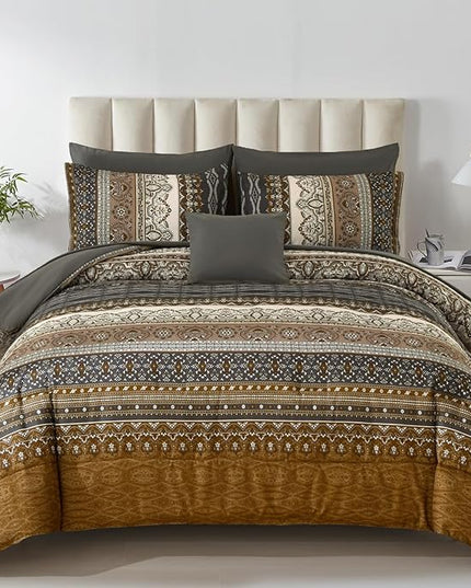 Cottolester Boho Queen Comforter Set 8 Pieces,Brown Black Bohemian Comforter Paisley Striped Bed in A Bag,Soft Microfiber Bedding Set for All Season