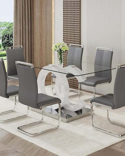 Ebullient Glass Dining Table Set for 6 ，7 Piece Dining Table Set,Tempered Glass Table Top，White Modern Dining Room Table with 6 PU Leather Ergonomic Dining Chairs