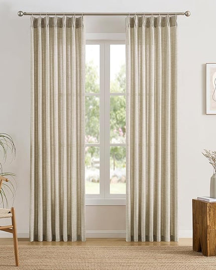 Beige Sheer Curtains 108 Inches Long with Pinch Pleat,Back Tab Pleated Drapes Hooks Thick Linen Textured Boho Farmhouse Extra Long 108 Inch Curtain for Dining Bedroom 42 Inch Wide Each Panel