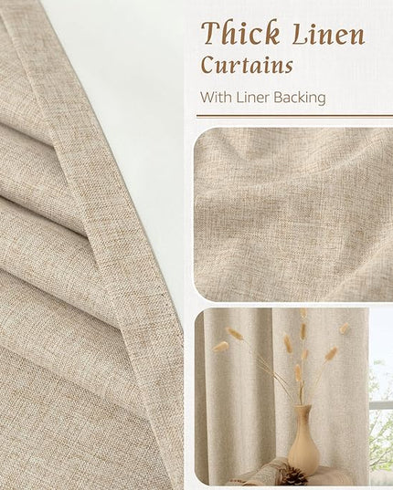 LAMIT 100% Blackout Natural Linen Curtains, 72 Inches Linen Textured Thermal Bedroom Curtains Back Tab and Rod Pocket Neutral Panels with White Liner for Farmhouse, 2 Panels, 52 x 72 Inch