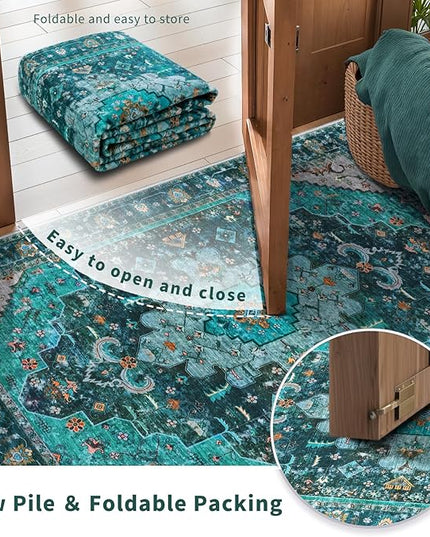 Ciicool Washable Area Rug Round 6’x6’ Teal Boho Bedroom Rug Non-Slip Oriental Carpet Throw Rug Low-Pile Indoor Floor Carpet for Dining Room Living Room Laundry Foyer Decor (Teal/Multi)