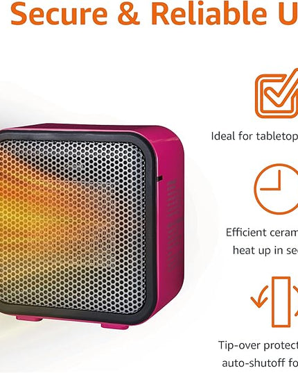 Amazon Basics Ceramic Space Heater, Mini Heater for Office Desk, Portable Tent Heater (Indoor Use), 500 W, With Tip-Over Protection, Lightweight (1.4 LBS), Pink, 5.9 x 3.2 x 6 inches