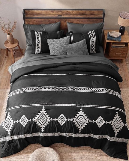 MaiRêve Embroidery Comforter Set, Boho Farmhouse Western Bedding Set, All Season Bed in A Bag Comforter Set with Sheets, Pillowcases & Shams, Black King 7 Pieces